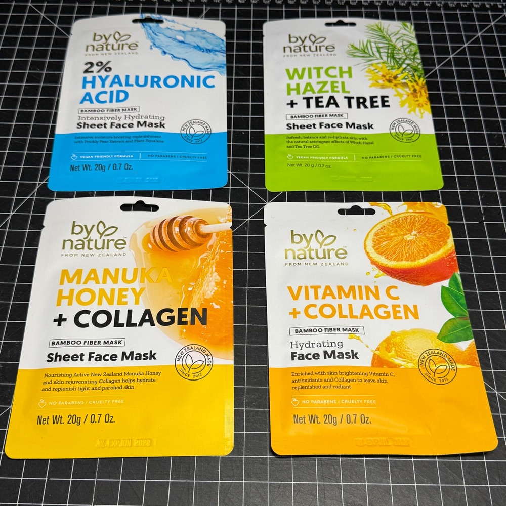 By Nature From New‎ Zealand Sheet Face Mask Bundle Hyaluronic Acid Vitamin C 4pk